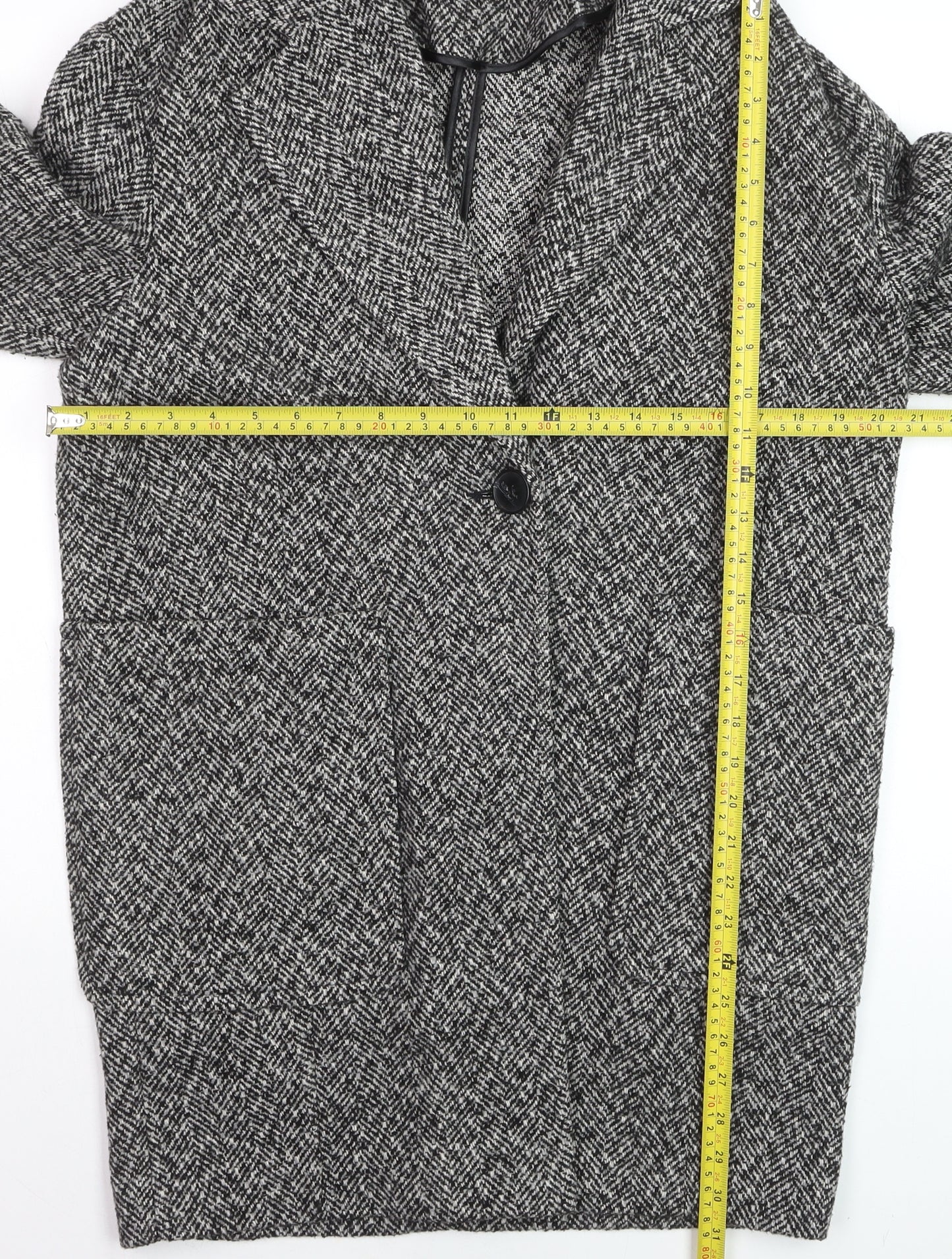 Topshop Women Black & White Herringbone Coat UK 6 Wool Blend Oversized