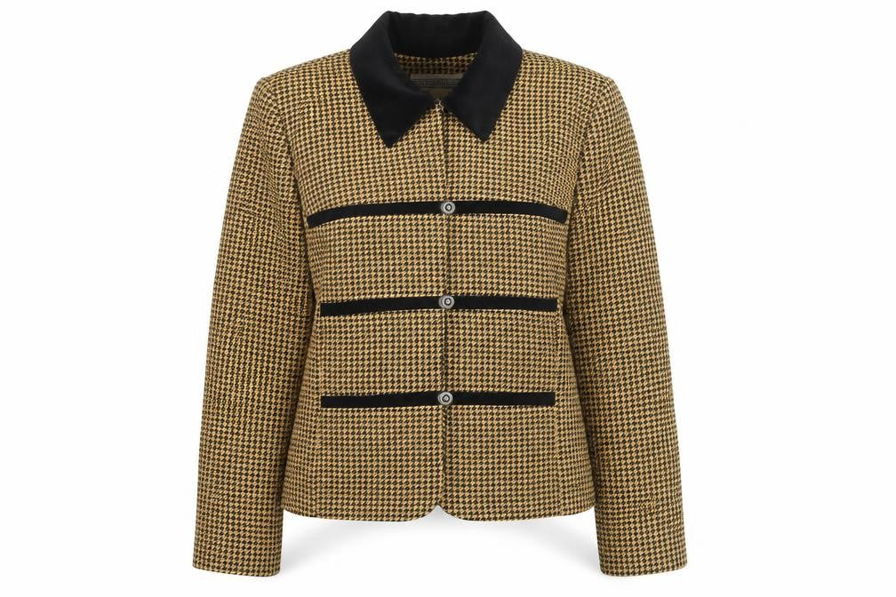 Front view of Jessica Howard women’s beige black houndstooth suit jacket, size UK 12, classic style