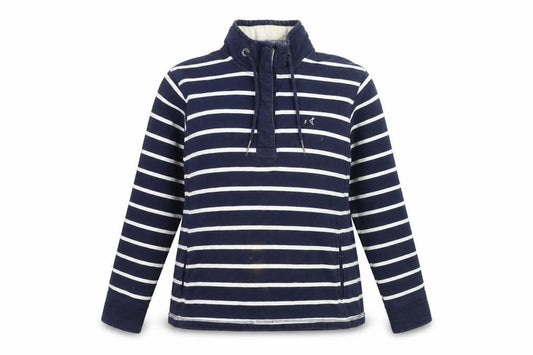 Front view of Crew Clothing Women's Navy Stripe Cotton Henley Sweatshirt, size 10