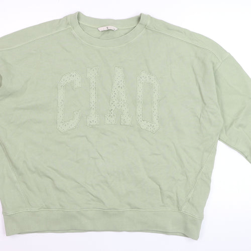 Tu Women’s Green Cotton Pullover Sweatshirt Medium ‘CIAO’ Embroidered