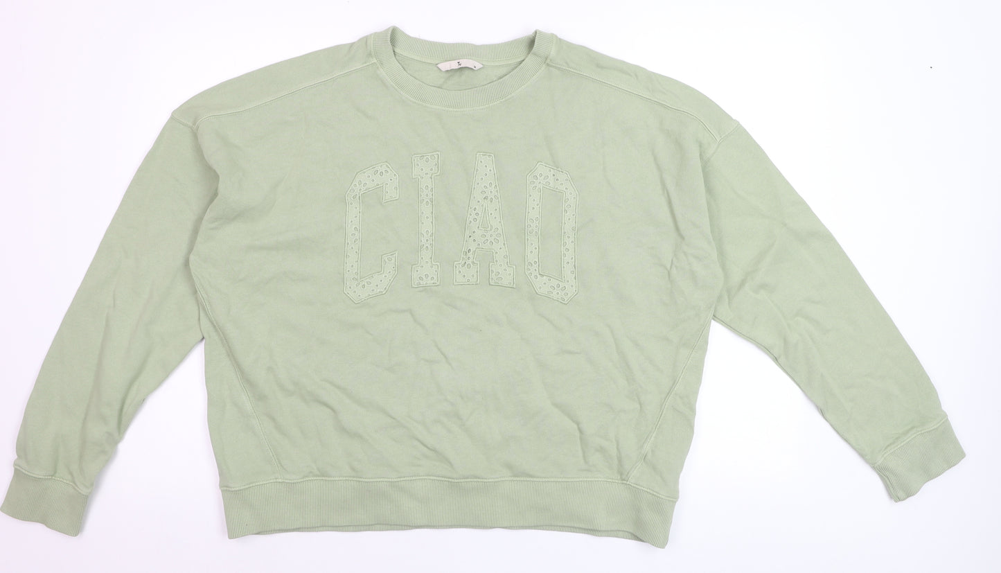 Tu Women’s Green Cotton Pullover Sweatshirt Medium ‘CIAO’ Embroidered