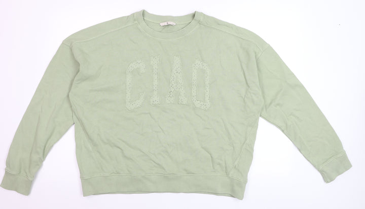 Tu Women’s Green Cotton Pullover Sweatshirt Medium ‘CIAO’ Embroidered
