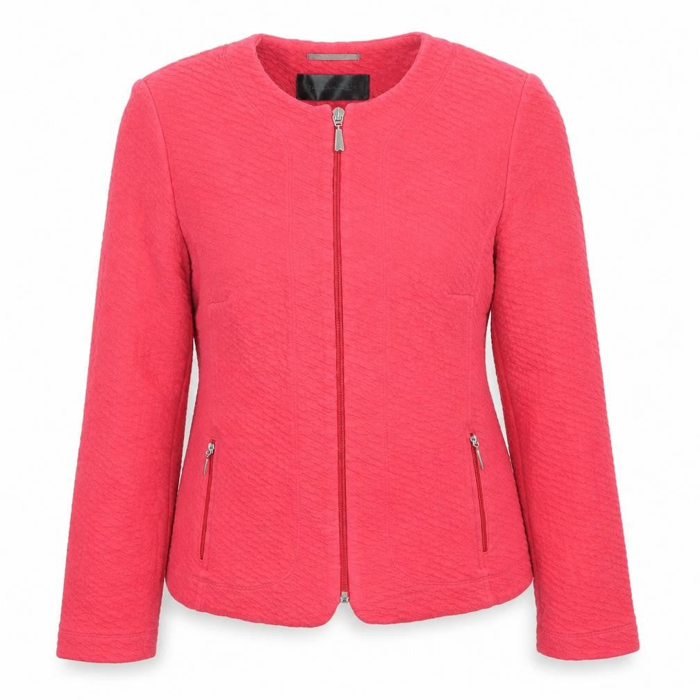 Front view of Barbara Lebek women’s pink zip up jacket, size UK 14, casual knit