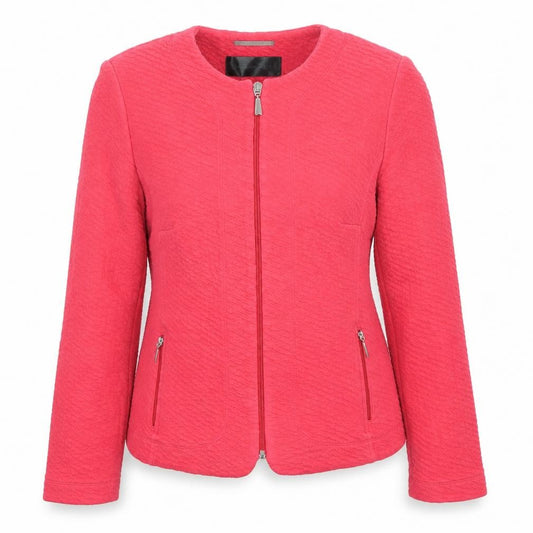 Front view of Barbara Lebek women’s pink zip up jacket, size UK 14, casual knit