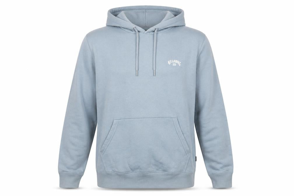 Front view of Billabong Men's Blue Pullover Hoodie, size M, Fleece Logo Sweatshirt