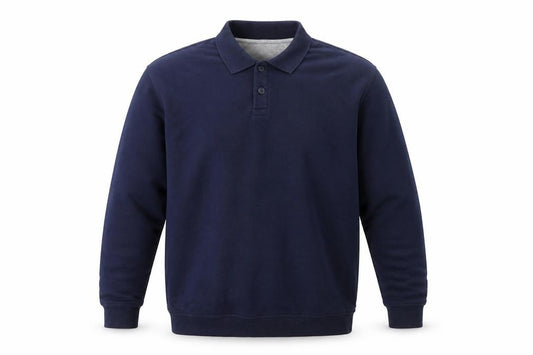 Front view of James Pringle Men's Blue Long Sleeve Cotton Polo Shirt, size M