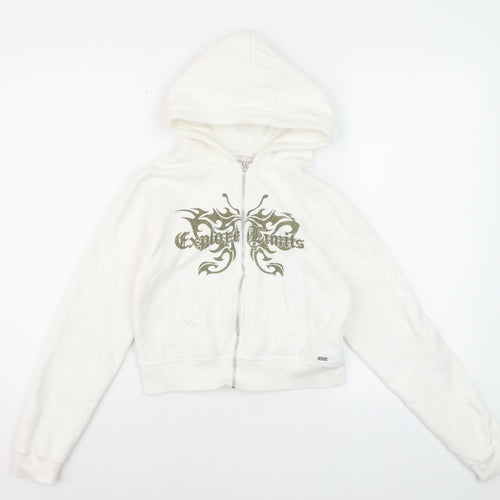 Pull & Bear Girls White Full Zip Graphic Hoodie XS