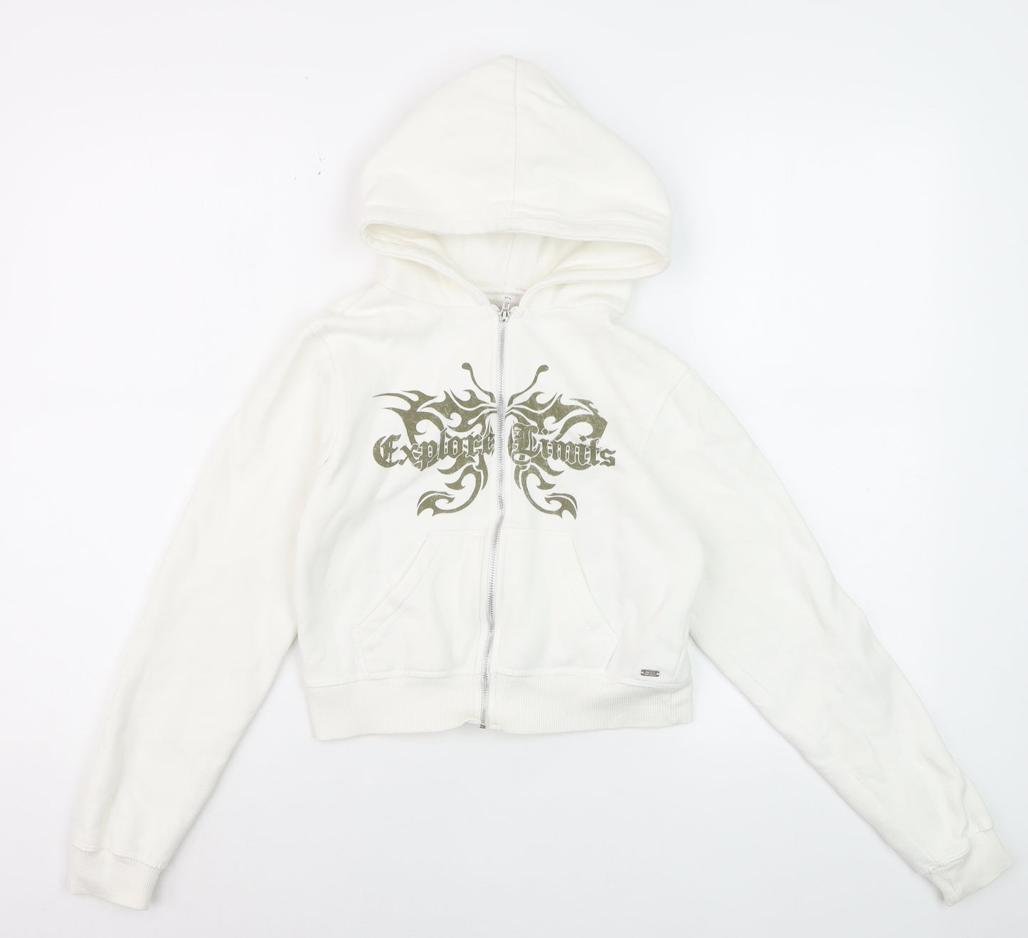 Pull & Bear Girls White Full Zip Graphic Hoodie XS