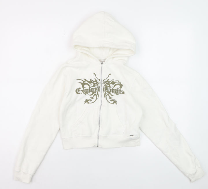 Pull & Bear Girls White Full Zip Graphic Hoodie XS