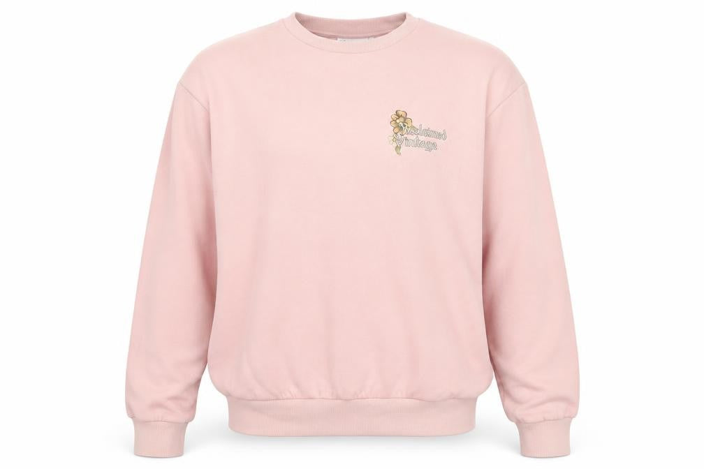 Front view of Reclaimed Vintage Women Pink Embroidered Floral Pullover Sweatshirt M