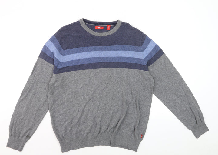 IZOD Men's Grey Cotton Striped Crew Neck Pullover Jumper Size M