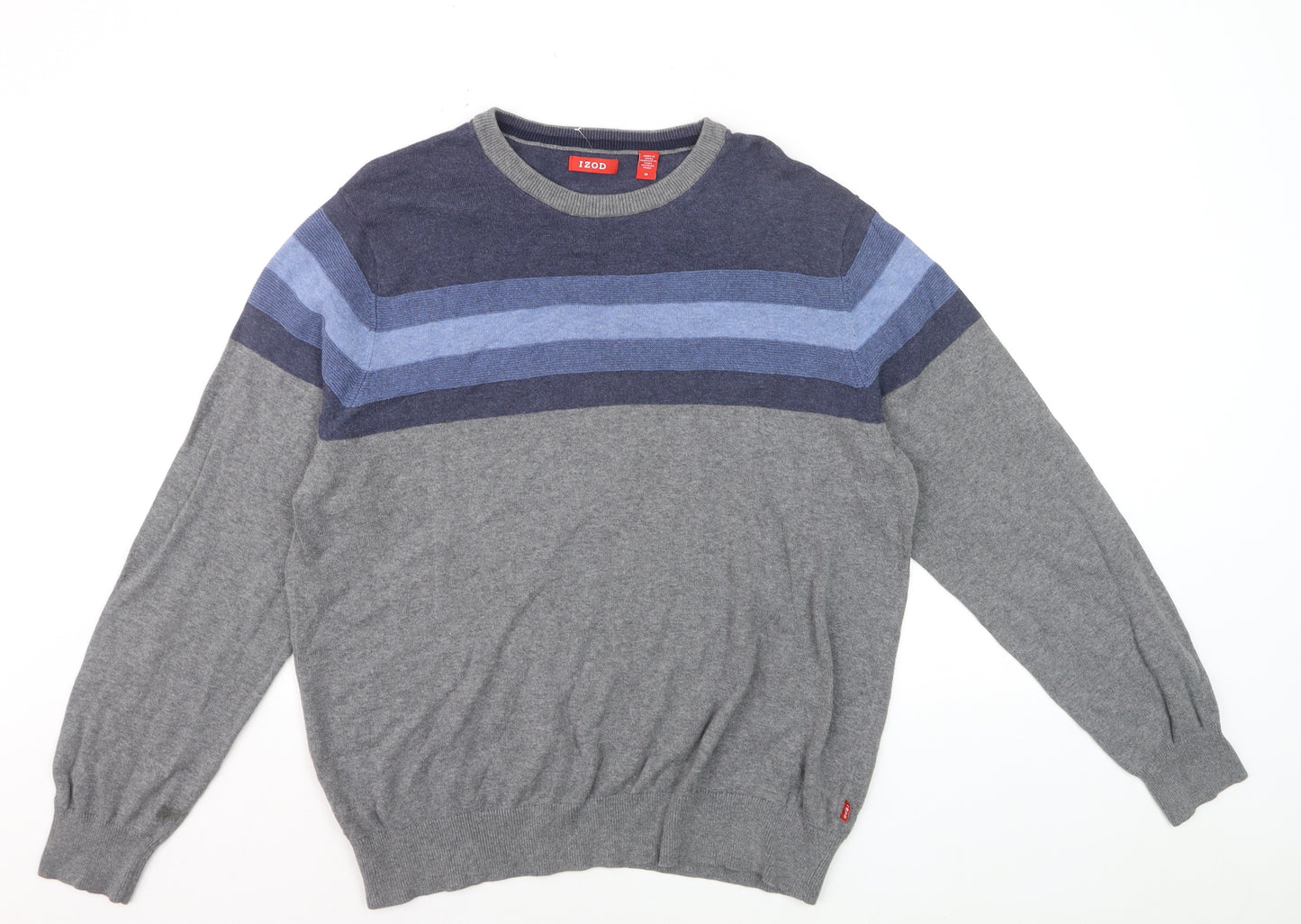 IZOD Men's Grey Cotton Striped Crew Neck Pullover Jumper Size M