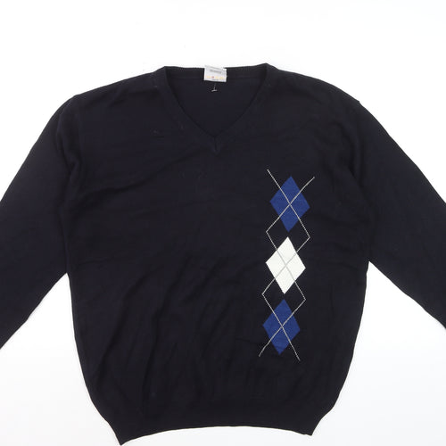Maison Piacente Men's Blue Argyle V-Neck Cotton Knit Jumper M