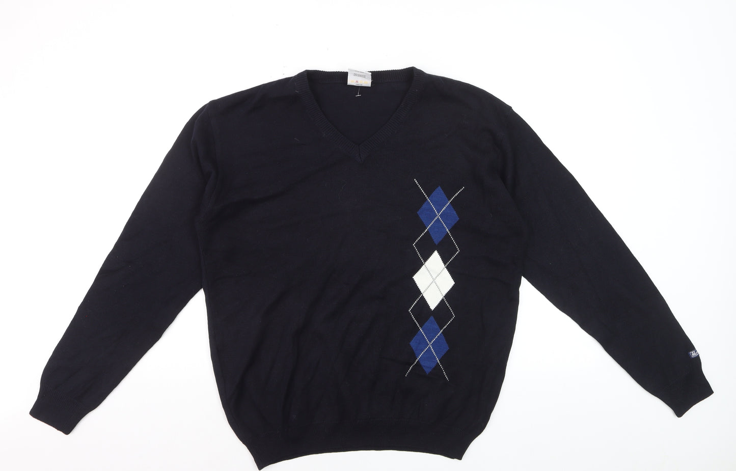 Maison Piacente Men's Blue Argyle V-Neck Cotton Knit Jumper M