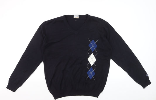 Maison Piacente Men's Blue Argyle V-Neck Cotton Knit Jumper M