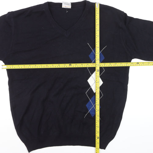 Maison Piacente Men's Blue Argyle V-Neck Cotton Knit Jumper M