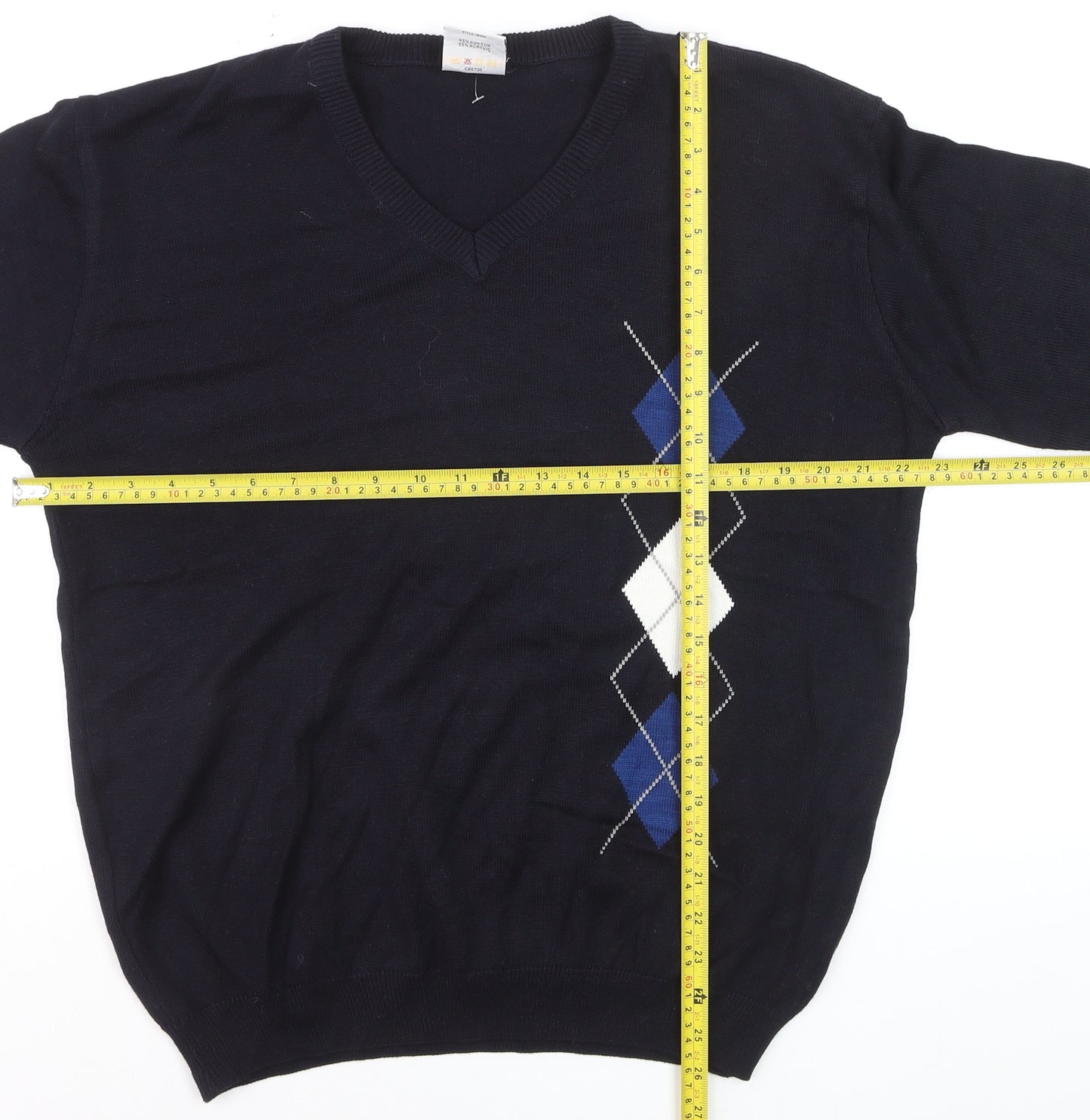 Maison Piacente Men's Blue Argyle V-Neck Cotton Knit Jumper M