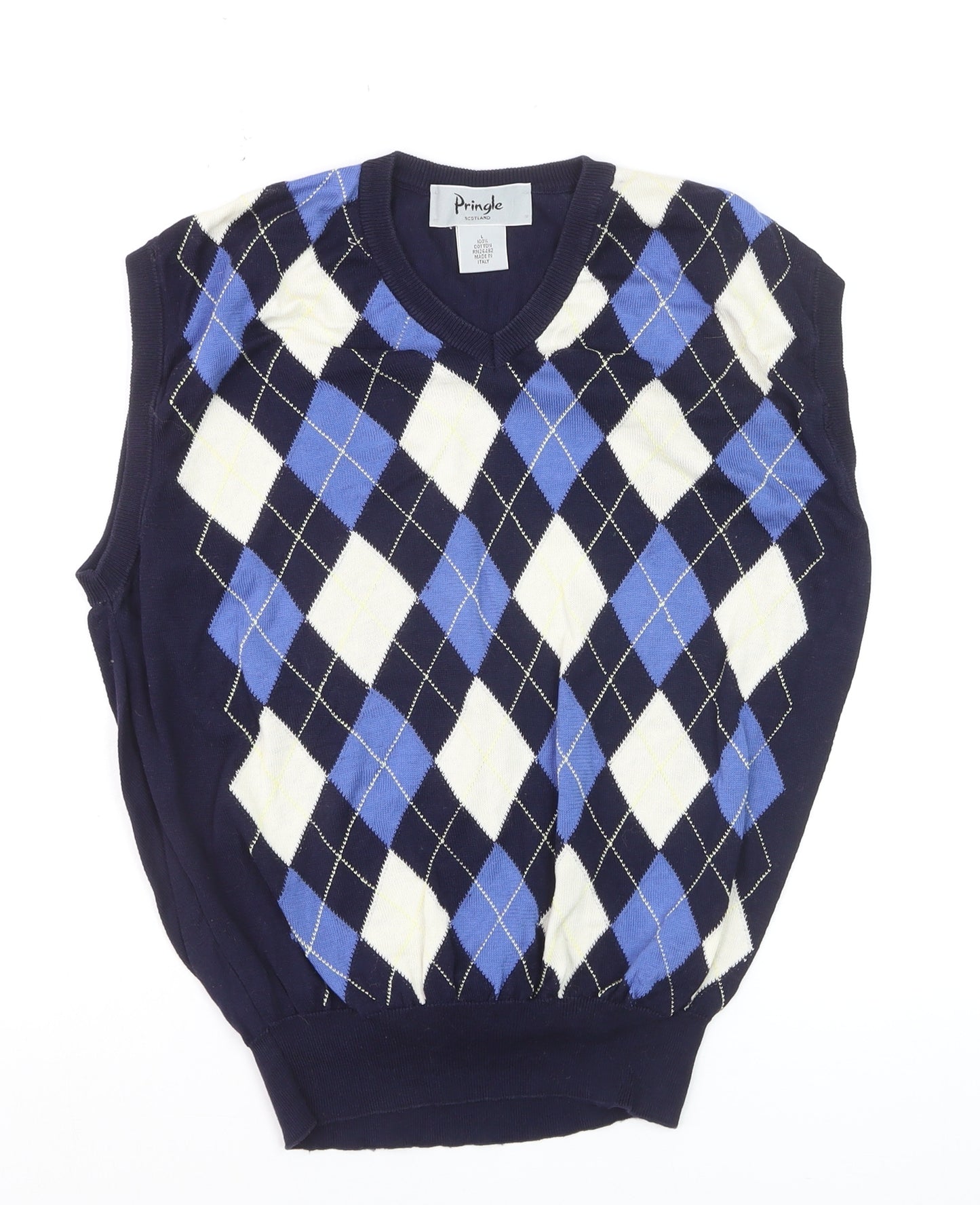 Pringle Men’s Blue Argyle Cotton Sleeveless Vest L Classic Knit Jumper