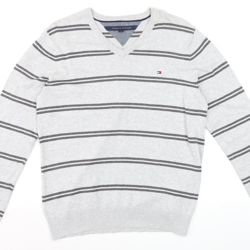 Tommy Hilfiger Men's Grey Striped Cotton V-Neck Jumper L