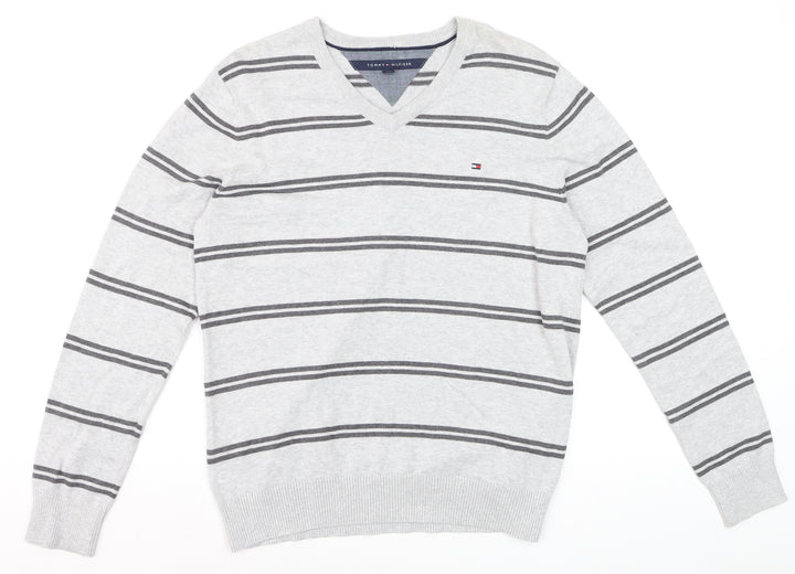 Tommy Hilfiger Men's Grey Striped Cotton V-Neck Jumper L
