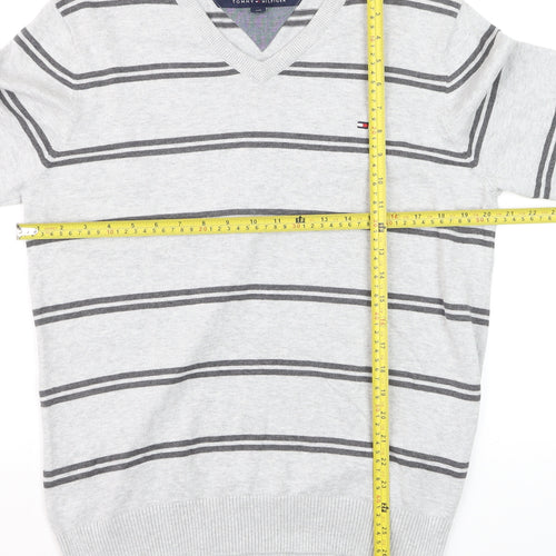 Tommy Hilfiger Men's Grey Striped Cotton V-Neck Jumper L