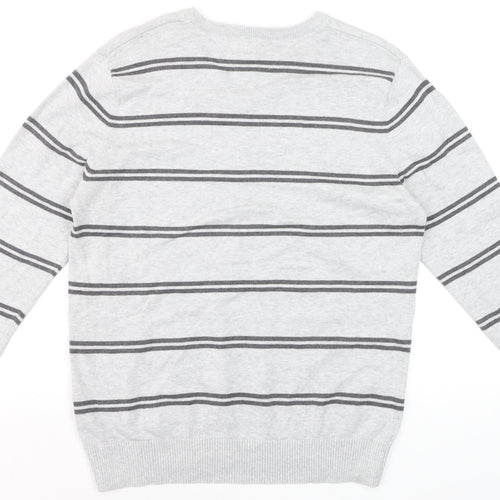 Tommy Hilfiger Men's Grey Striped Cotton V-Neck Jumper L