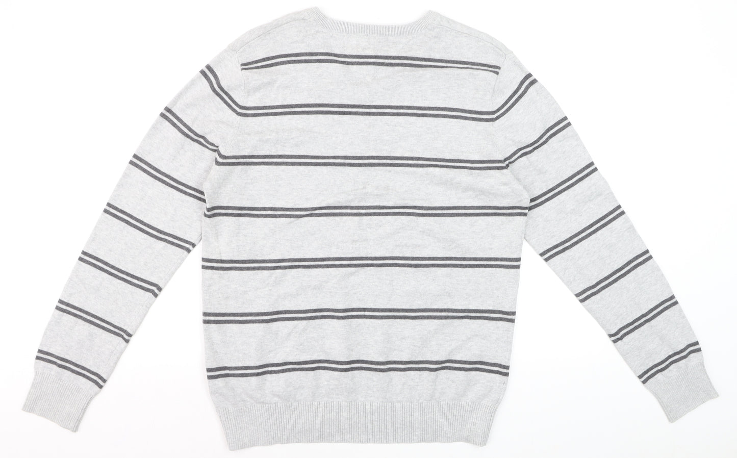 Tommy Hilfiger Men's Grey Striped Cotton V-Neck Jumper L