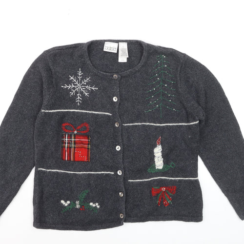 Villager Sport Women's Grey Christmas Embroidered Cardigan Size L
