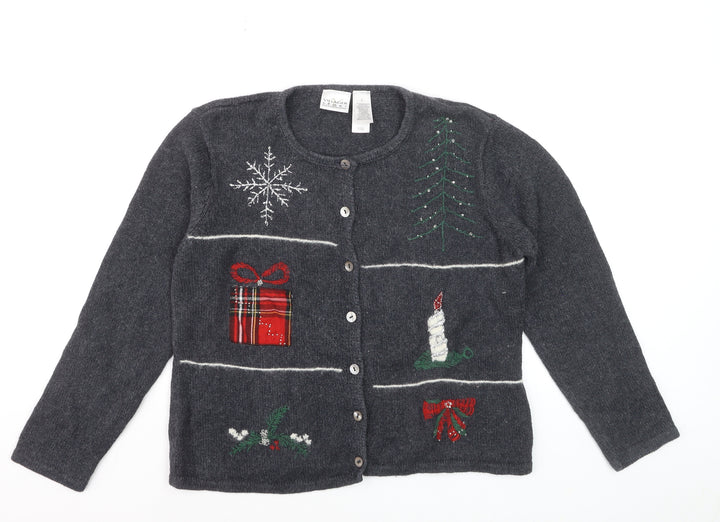 Villager Sport Women's Grey Christmas Embroidered Cardigan Size L