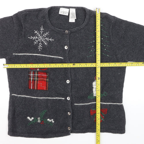 Villager Sport Women's Grey Christmas Embroidered Cardigan Size L