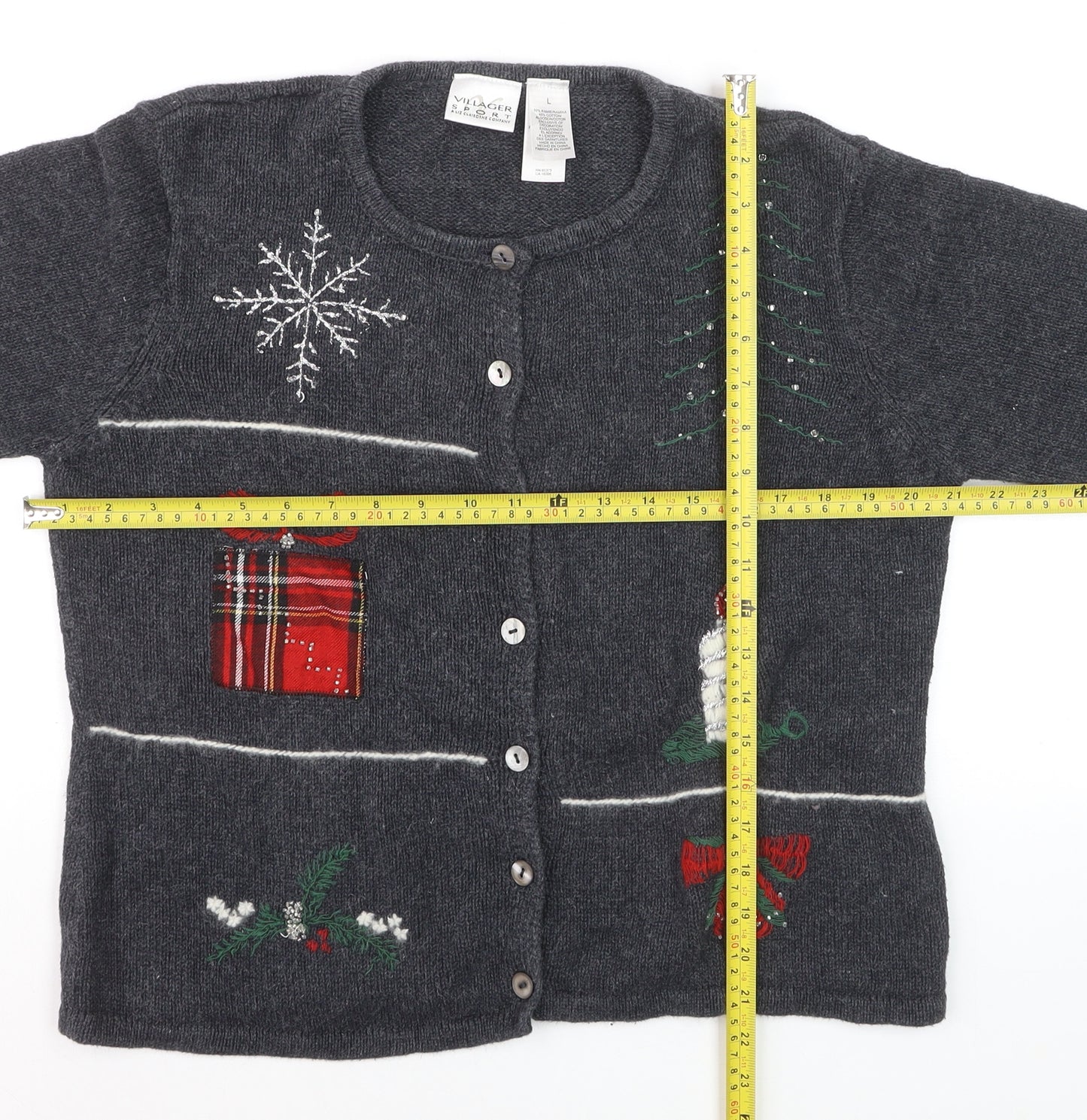 Villager Sport Women's Grey Christmas Embroidered Cardigan Size L