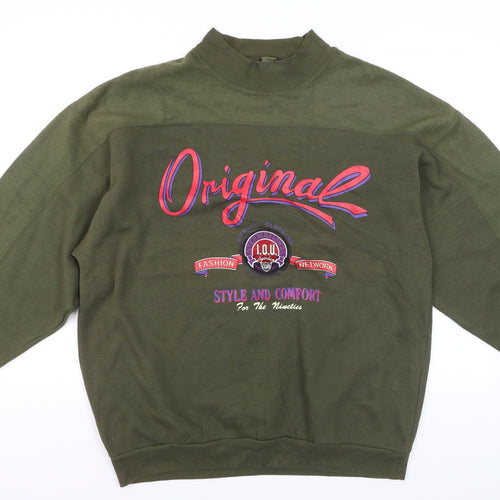 I.O.U Men's Green XL Vintage 90s Graphic High Neck Pullover Jumper