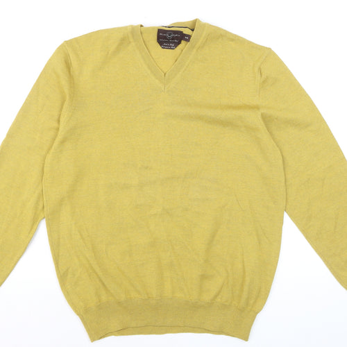 Black Brown 1826 Men's Yellow Merino Wool V-Neck Jumper Size M