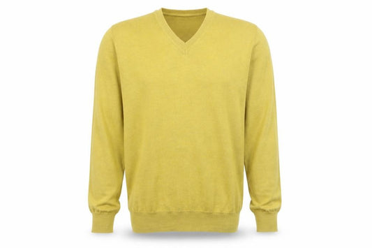 Front view of Black Brown 1826 Men's Yellow Merino Wool V-Neck Jumper, size M