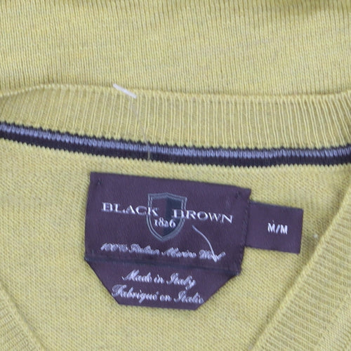 Black Brown 1826 Men's Yellow Merino Wool V-Neck Jumper Size M