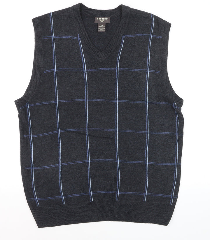 Dockers Men's Black Check Knit V-Neck Sleeveless Vest Large