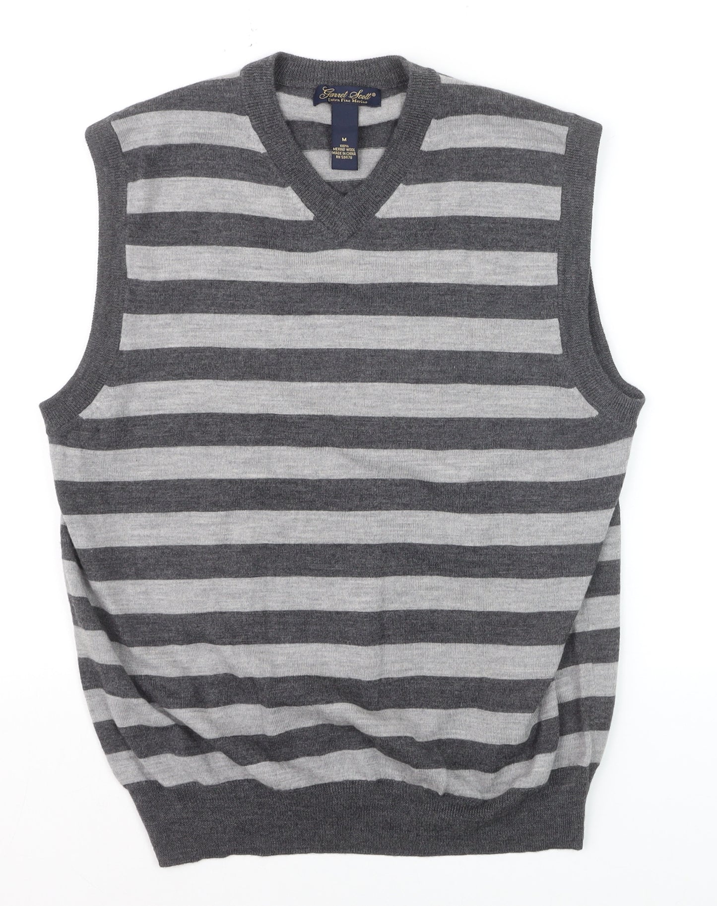 Garret Scott Men’s Grey Striped Merino Wool V-Neck Sleeveless Vest M