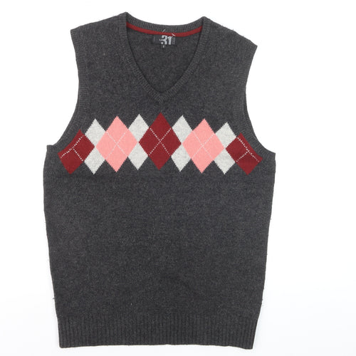 Le 31 Men's Grey Argyle Lambswool V-Neck Vest L Sleeveless Knit Jumper