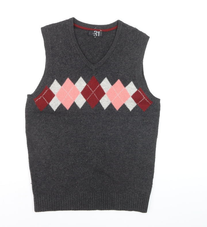 Le 31 Men's Grey Argyle Lambswool V-Neck Vest L Sleeveless Knit Jumper