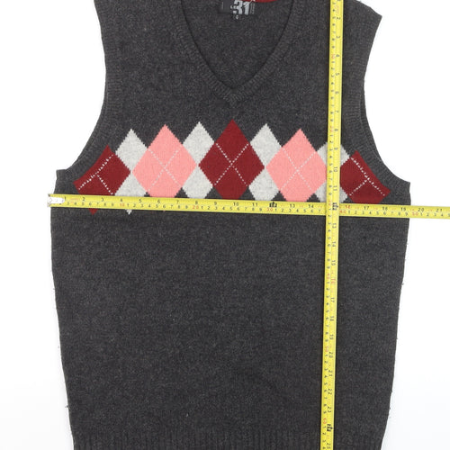 Le 31 Men's Grey Argyle Lambswool V-Neck Vest L Sleeveless Knit Jumper