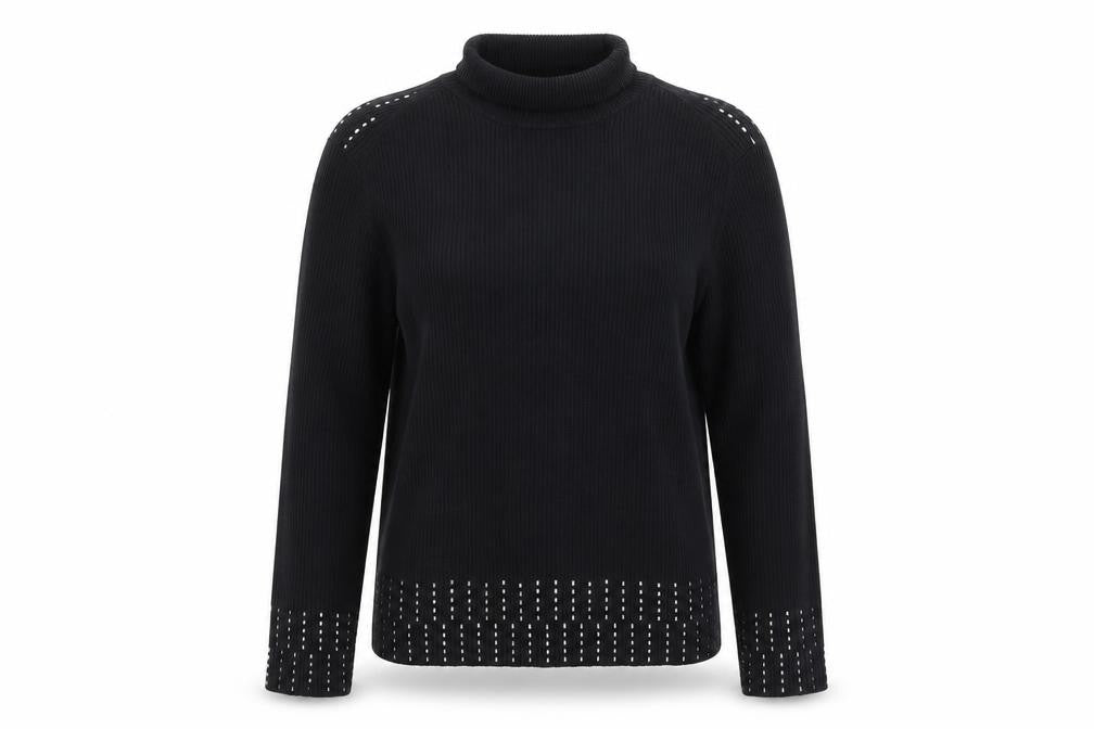 Front view of Yuka Women's Black Studded Roll Neck Slim Fit Jumper, size 14