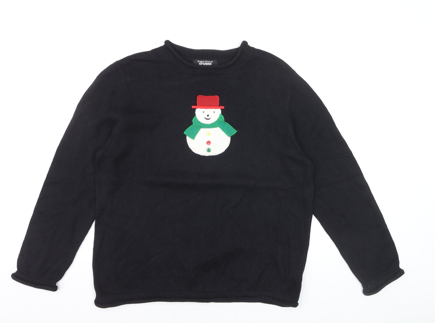 Designers Originals Studio Women Black L Pullover Christmas Jumper Snowman Cotton Knit