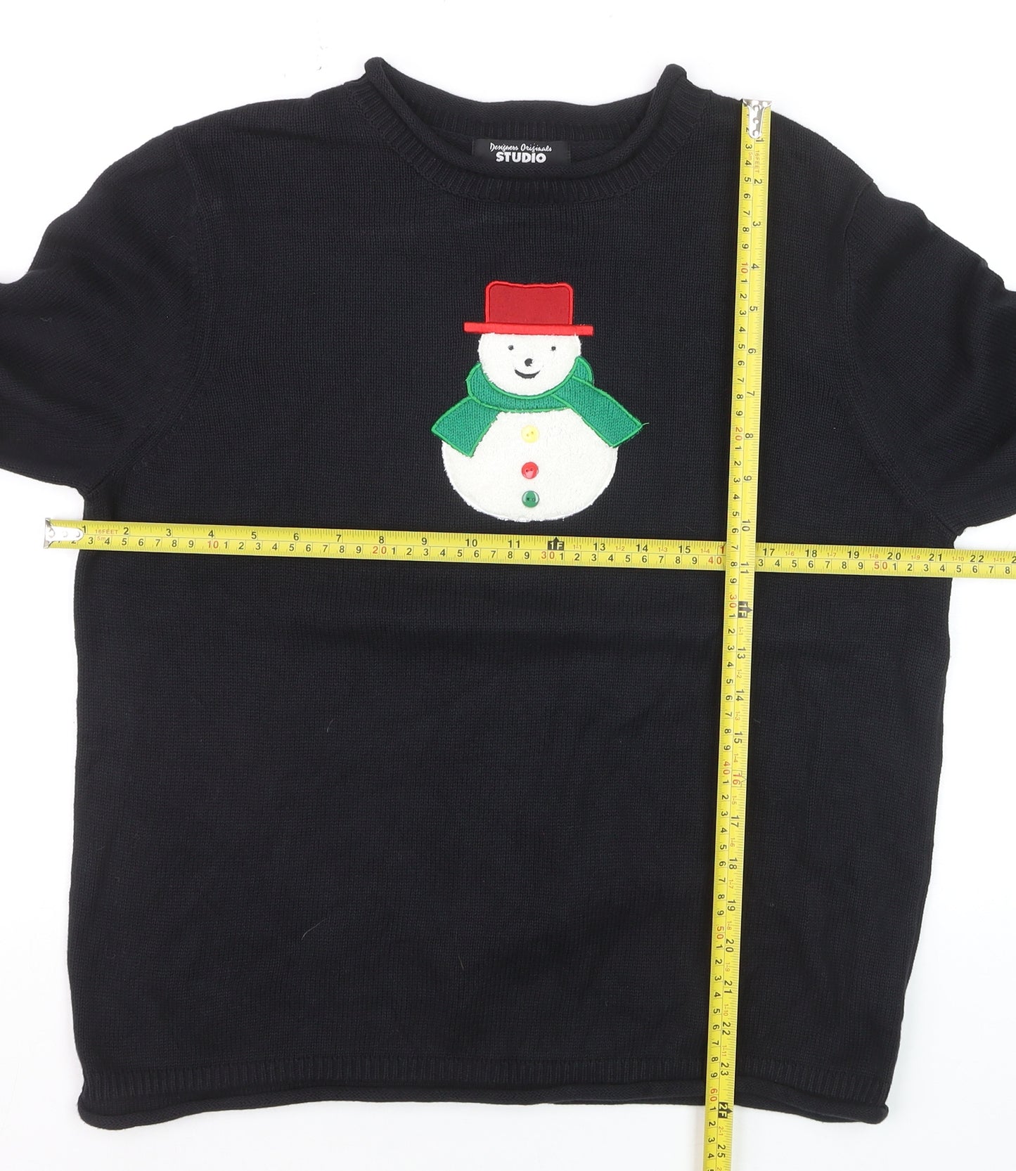 Designers Originals Studio Women Black L Pullover Christmas Jumper Snowman Cotton Knit