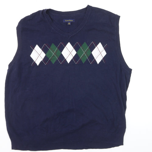 Club Room Men's Blue Argyle V-Neck Sleeveless Cotton Vest XL