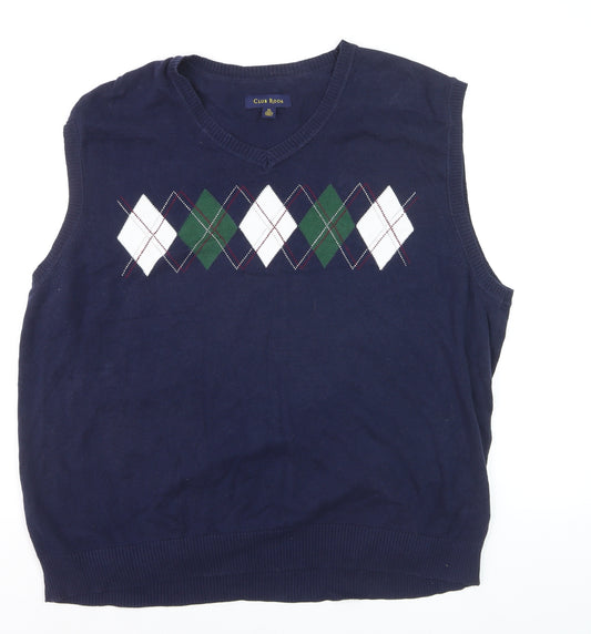 Club Room Men's Blue Argyle V-Neck Sleeveless Cotton Vest XL