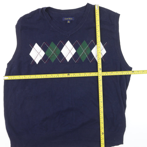 Club Room Men's Blue Argyle V-Neck Sleeveless Cotton Vest XL