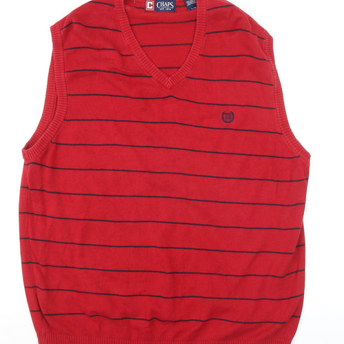 Chaps Men's Red Striped Cotton V-Neck Sleeveless Vest Jumper L