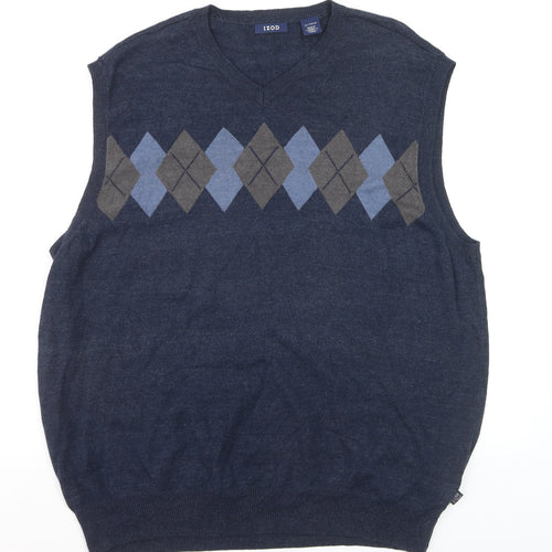 IZOD Men's Blue Argyle Sleeveless V-Neck Cotton Blend Knit Jumper Vest XL