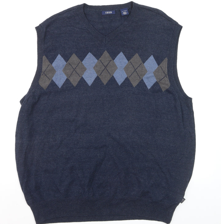 IZOD Men's Blue Argyle Sleeveless V-Neck Cotton Blend Knit Jumper Vest XL