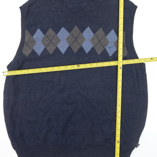 IZOD Men's Blue Argyle Sleeveless V-Neck Cotton Blend Knit Jumper Vest XL